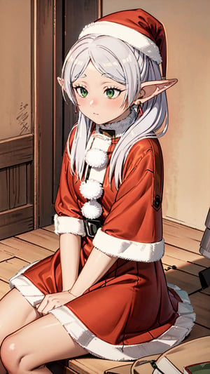 friends, long hair, pigtails, (green eyes: 1.5), gray hair, pointed ears, elf, 1 girl, alone, look away, shy, blushing, nervous, double pigtails, ((red dress with and a white Santa hat)), sit, ,Frieren,gawr gura,sntdrs