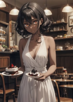 Hair_between_eyes, short_hair, curly_hair, hair_down, black_hair, orange_eyes, sharp_eyes, cat_eyes, medium_breasts, (dark skin:1.2), breasts, 1girl, solo, nude, completely_nude, dress, eating pudding at cafe