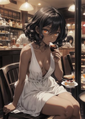 Hair_between_eyes, short_hair, curly_hair, hair_down, black_hair, orange_eyes, sharp_eyes, cat_eyes, medium_breasts, (dark skin:1.2), breasts, 1girl, solo, nude, completely_nude, dress, eating pudding at cafe, sitting