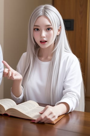 a girl Frieren with white long hair holding bible arguing with someone, facing viewer 