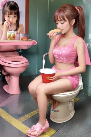 Best quality, masterpiece, 1 girl, ((kirbydress)), pink kirbydress, ,laoliang ,disabled toilet, sitting on toilet,ramen, eating ramen,