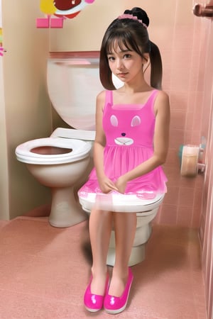 Best quality, masterpiece, 1 girl, ((kirbydress)), pink kirbydress, ,laoliang ,disabled toilet, sitting on toilet