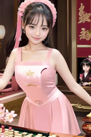 Best quality, masterpiece, 1 girl, ((kirbydress)), pink kirbydress, ,laoliang ,playing mahjong, mj