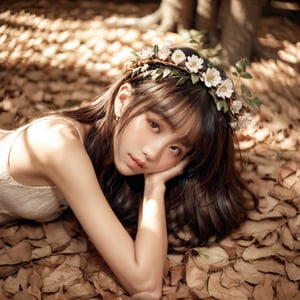 Realistic 16K resolution photography of 1girl with a simple white flower crown on her head. Her hair is long and she is lying on the ground. The sunlight on the trees casts shadows from the leaves on her face and body. The background is a neutral brown color that matches her skin tone. The image is minimalist and solid colors, illuminated by film grain, realistic skin, dramatic lighting, soft lighting, exaggerated perspective of ((Wide-angle lens depth)),Enhanced All,