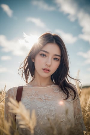 This is a highly detailed digital close-up and tilt shot artwork in a bright fantasy style, intricate tetradic colors in every details, a beautiful 22 years old Chinese girl, looking at viewer, head tilt, leaning forward, A lone girl with wavy black hair, wearing white dress, stands in windy flower field with grass, sun glare, heavenly cloudy sky, (clouds spiral:0.8), a macabre tapestry of clouds reaching towards viewer, falling petals, light cascading from an unseen aperture above. A low camera angle emphasizes the girl's with the overwhelming warm vibes.,laoliang