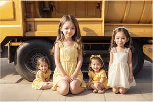 Masterpiece,Best Quality,a full body photograph, multi girls,  ((5 girls)),((standing next to a yellow garbage truck)) 