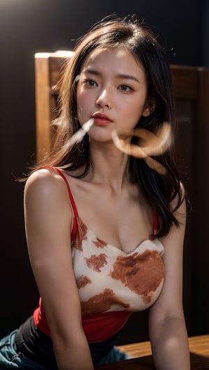 (((Taiwanese young female))),(in a coffee shop )),((drinking coffee) , ((low cut red sleeveless camisole)), (best quality), (realistic, photo-Realistic:1.3), best quality, masterpiece, beautiful and aesthetic, 16K, (HDR:1.4)), soft lighting, Exquisite details and textures, (cleavage),crealistic illustration,natural ratio, 	((show head to feet)) ,photorealistic, (( dark backdrop))