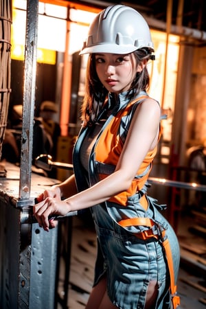 ((Young taiwanese Female wearing safety vest without clothes and biting a thick curved steel bar in construction site)), ((safety helmet and vest )),(((biting a thick curved bended steel bar, and the bar is broken ))),Exquisite details and textures, cinematic shot, Warm tone, wide shot , ,laoliang 