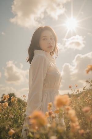 This is a highly detailed digital close-up and tilt shot artwork in a bright fantasy style, intricate tetradic colors in every details, a beautiful 22 years old Chinese girl, looking at viewer, head tilt, leaning forward, A lone girl with wavy black hair, wearing white dress, stands in windy flower field with grass, sun glare, heavenly cloudy sky, (clouds spiral:0.8), a macabre tapestry of clouds reaching towards viewer, falling petals, light cascading from an unseen aperture above. A low camera angle emphasizes the girl's with the overwhelming warm vibes.,laoliang