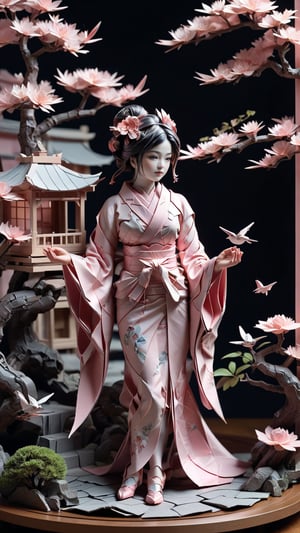Origami geisha, diorama, Rococo-inspired, layered paper art, ethereal zen garden setting, blush pinks, Steve McCurry-like photographic sterling style influence, captured with 35mm lens, F/2.8 aperture, conveying character, sophistication, abundant detail, hyperrealism, dramatic lighting, ultra fine detail.