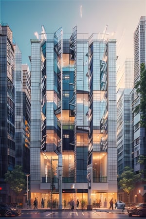 imagine a highly detailed image of a classic office building facade elevation  showcasing its distinctive solid marbleshape and large windows with glazed panel. Capture the dappled sunlight filtering through the urban city. Set your professional camera to manual mode, f/5.6, ISO 400, and use a tilt-shift lens for enhanced focus. –v 5.1