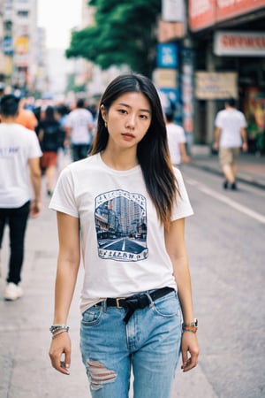 young Taiwanese girl casually dressed in a graphic tee and ripped jeans, skateboarding through a city street, (((laoliang )))