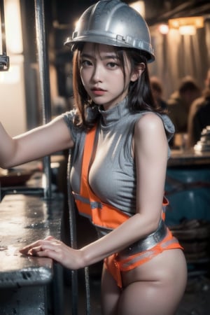 ((Young taiwanese Female wearing safety vest without clothes and biting a thick curved steel bar in construction site)), ((safety helmet and vest )),(((biting a thick curved bended steel bar, and the bar is broken ))),Exquisite details and textures, cinematic shot, Warm tone, wide shot , ,laoliang ,Realistic