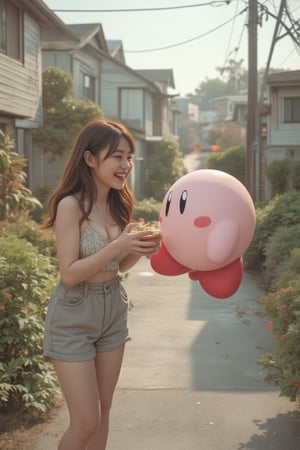 A scene in a suburban neighborhood showing a real young woman laoliang wearing low cut camisole and miniskirt with long wavy brown hair smiling as she brings a bowl of cup noodle to an animated Kirby outside of the fish pond