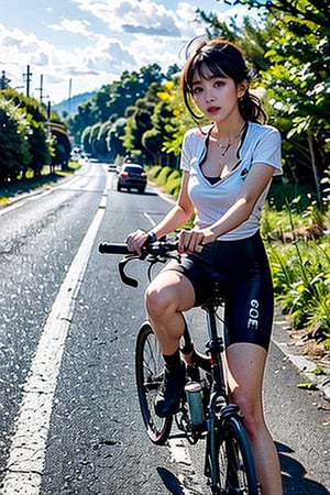 cycling on the country road, black eyes, long leg girls.,laoliang 