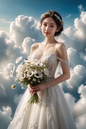 full body:1.2, ((masterpiece)), ((best quality)), (((photo Realistic))), A captivating image featuring an enchanting, ethereal young lustful woman in a breathtaking white wedding dress. She is gracefully floating among fluffy clouds while holding a delicate bouquet of anemones. Her shy, yet radiant smile conveys an air of happiness and mystery, blending elements of cinematic fashion and conceptual art. The soft, marked brushstrokes create a dreamlike atmosphere that envelops the viewer in this magical moment.,cinematic style