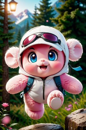 Movie still ((BBC style)) photo of cute pink kirby in (wildlife), in the air, suspended by parachute, goggles, expression super happy, having fun, baseball cap, sweatpants, hooded shirt, white and gray fur, thick fur, blue eyes, shallow depth of field, vignette, highly detailed, high budget, bokeh, wide format cinema, moody, epic, gorgeous, film grain, grainy, high quality photography, 3 Spot lighting, softbox flash, 4k, Canon EOS R3, hdr, smooth, sharp focus, high resolution, award-winning action photos, jump shots, 50mm, wide angle shot, away from camera, full length, f2.8, bokeh, side view