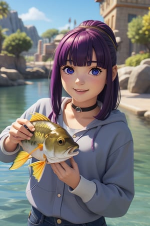 1 girl. Her well-defined features include a structured mouth and button nose. She is holding a fish, 3d animation, Disney pixer style.