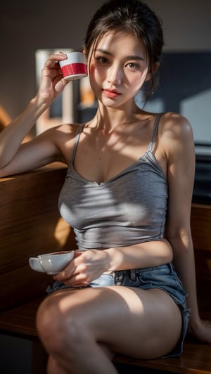 (((Taiwanese young female))),(in a coffee shop )),((drinking coffee) , ((low cut red sleeveless camisole)), (best quality), (realistic, photo-Realistic:1.3), best quality, masterpiece, beautiful and aesthetic, 16K, (HDR:1.4)), soft lighting, Exquisite details and textures, (cleavage),crealistic illustration,natural ratio, 	((show head to feet)) ,photorealistic, (( dark backdrop))