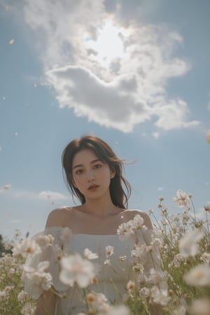 This is a highly detailed digital close-up and tilt shot artwork in a bright fantasy style, intricate tetradic colors in every details, a beautiful 22 years old Chinese girl, looking at viewer, head tilt, leaning forward, A lone girl with wavy black hair, wearing white dress, stands in windy flower field with grass, sun glare, heavenly cloudy sky, (clouds spiral:0.8), a macabre tapestry of clouds reaching towards viewer, falling petals, light cascading from an unseen aperture above. A low camera angle emphasizes the girl's with the overwhelming warm vibes.,laoliang