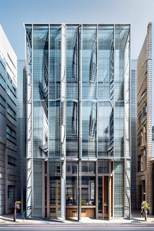 imagine a highly detailed image of a classic office building facade elevation  showcasing its distinctive solid marbleshape and large windows with glazed panel. Capture the dappled sunlight filtering through the urban city. Set your professional camera to manual mode, f/5.6, ISO 400, and use a tilt-shift lens for enhanced focus. –v 5.1