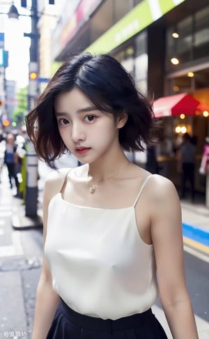 ((ultra realistic, super high resolutions, 8K, best quality, masterpiece, depth of field, realistic, photo-realistic, cinematic)), 1 girl, 15 years old,solo,preteen, pom pom, downtown street , meshed white blouse, mini_skirt ,beautiful detailed eyes, black ponytail hair, Korean, natural face without makeup,full body angle,full body shot, qute pose