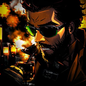 brown leather jacket, face close up,deal with it, synthwave theme, dramatic mood, (bokeh:1.1), depth of field, style of john snow , tracers, vfx,  lightning, electric, whiskey bar background, signs, illustration, artstation, short mustache, beard, ray ban, whiskey  barrel,drinking_glass ,bang down, drink with a bourbon whisky glass, Lift the cup and smell it.