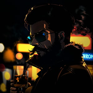 brown leather jacket, face close up,deal with it, synthwave theme, dramatic mood, (bokeh:1.1), depth of field, style of john snow , tracers, vfx,  lightning, electric, whiskey bar background, signs, illustration, artstation, short mustache, beard, ray ban, whiskey  barrel,drinking_glass ,bang down, drink with a bourbon whisky glass, Lift the cup and smell it.