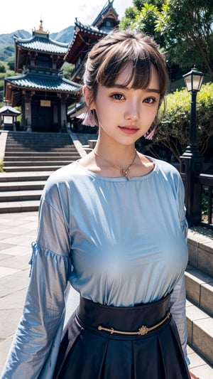 , euladef, upper body, smile, blush, outdoors, day, simple background, blue sky, short hair, sky, temple, looking at viewer, stairs, mountain, moody lighting,,kamisato_ayaka, kamisato ayaka, breastplate