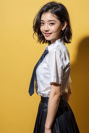 girl in school uniform with black and yellow hair standing in front of yellow background, 1girl, solo, yellow background, short hair, skirt, shirt, black hair, necktie, simple background, white shirt, yellow eyes, black necktie, jewelry, pleated skirt, from side, short sleeves, earrings, collared shirt, shirt tucked, cow_girl_position, cowboy_shot, shy, smile, 
