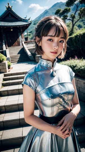 , euladef, upper body, smile, blush, outdoors, day, simple background, blue sky, short hair, sky, temple, looking at viewer, stairs, mountain, moody lighting,,kamisato_ayaka, kamisato ayaka, armored dress