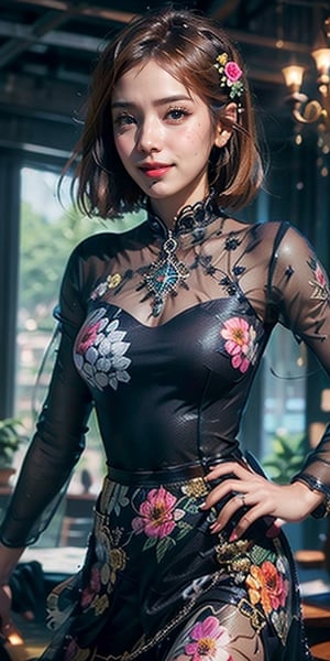 ((best quality)), ((highly detailed)), masterpiece,  (cowboy shot), nobara kugisaki, brown eyes, lips, seductive lips, floral print, rose print, dress, long sleeves, skirt, see-through sleeves, (dancing:1.2),((black dress)), print dress, black skirt, nail polish, scenery, chandelier,(ballroom:1.3), intricately detailed, hyperdetailed, blurry background, depth of field, best quality, masterpiece, intricate details, tonemapping, sharp focus, hyper detailed, trending on Artstation, 1 girl, high res, 16K, realistic ,solo_female, shy smile,photorealistic,High detailed 