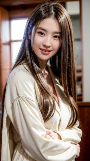 beautiful girl happy, clear white dress, longhair , brown hair, realistic , picture, cowboy_shot,shy, smile, upper_body,Detailedface,MARIN KITAGAWA, OPEN JACKET