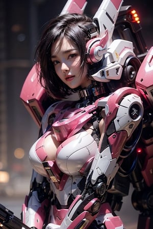 (smile:1.4),realistic detail face, venusbody,( Round and big breasts:1.1), (blue eyes:1.5), (Ultra-shiny Reflective red cyborg body covering the all body:1.5), (Ultra-shiny Reflective red Cyborg cover to protect arms and legs:1.5),more fine detail, (bob cut:1.2), (powerful light on the chest:1.3), Young Sensual Gravure Idol, teats, (huge tit:1.3), cyberpunked, Golden ratio body, face perfect, a Pretty face, The face of a young actress in Japan, (black hair:1.6), Tied waist, perfect foot, perfect hand, Clean facial skin, perfect fingers, bob cut, Smiled face, A futuristic, depth of fields, reflective light, retinas, awardwinning, ultra hight resolution, Lights are shining all over the body, High detailed, parted lips, mecha, asian girl, 1girl, solo, beauty face, perfect face,more mecha, reflection light, 8K, Anatomically correct, Textured skin, high details, High quality, Pink lights on the chest, Pink lighting at the navel area, Pink lights on the sides, Pink lights on the knees ,
,mecha