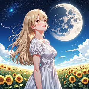 masterpiece, best quality, super detailed, perfect hands, perfect anatomy, high details, detailed background, full body, medium bust, very cute face, beautiful face, super detailed face, cute round face, (view from below), cute anime style girl standing in a flower field looking up (full moon), medium bust, white sundress outfit, shiny blonde hair, long hair, sapphire eyes, round eyes, from the side, smiling, happy, open mouth, looking up to the sky, (shooting star), (nebula), sunflower, (warm light source: ), intricate details, volumetric lighting, (atmospheric lighting), fantasy, score_9, score_8_up, score_7_up, score_6_up,