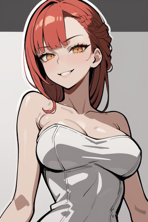 1girl, Luna, sfw, redhead, redhair, loose hair, messy hair, shaved side of the head, head swept to one side,

masterpiece, best quality, 4k, absurdres, 
shiny eyes, smirk, 2D, flat tones, flat shading, white outline, cel shading, 
from below, 