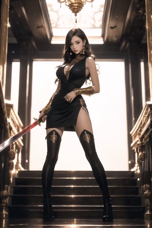 One girl(adult woman, black long hair, black eye, royalty,serious face, big breast), masterpiece, best quality,  high quality, long royalsuit  (golden, red, black), earrings  (dress:1.3)), background (big hall , little stairs, ground, shining light from the up), sword(longsword), scabbard, armor