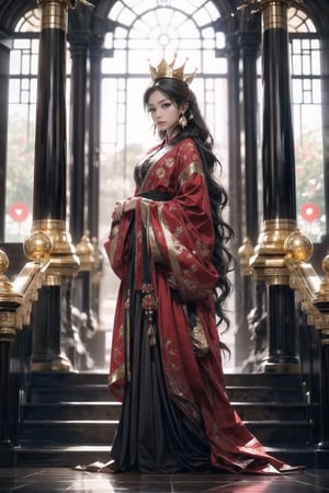 One girl(adult woman, black long hair, black eye, royalty,serious face, big_boob, small crown), masterpiece, best quality,  high quality,  earrings, background (wide stairs, ground, shining light from the up), east_asian_clothing(gold,black,red) ,stand on ground, realhands, full_dressed, full-body, hands together