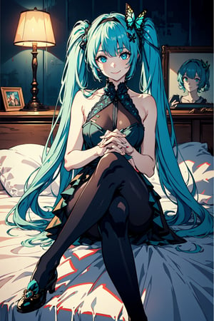
Hatsune Miku, bangs, cyan eyes, hair ornament, hair band, blue hair, blunt bangs, butterfly hair ornament, looking at viewer, (masterpiece: 1.2), best quality, high resolution, wallpaper unity 8k display, (illustration:0.8), (beautiful detailed eyes:1.6), extremely detailed face, perfect lighting, extremely detailed CG, (perfect hands, perfect anatomy), Sitting on bed, (high-heeled shoes: 1) , huge body, (seductive smile: 1.2), (crossed legs: 1.3), pantyhose, (highly detailed eyes: 1.2), nude, blue eyes, blue hair, long hair, milfication