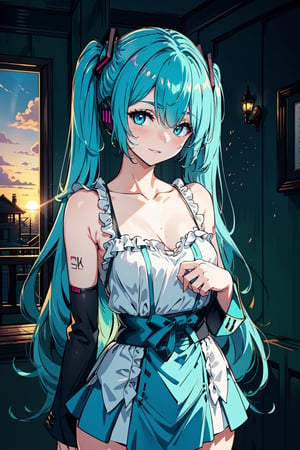 (hatsune miku) (Best quality, 8k, 32k, Masterpiece, 1 woman, ((perfect hands)), detailed, eyeliner, best quality, hair over one eye, parted lips, blush, makeup, light smile, chest medium, glow, thighs, cyan eyes, collarbone, narrow waist, (masterpiece), women's clothing, lofi, seductive pose with a man, house, wallpaper, sunset, sky, mood lighting
