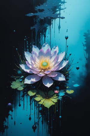 Minimalism illustration, Best quality, swamp, iridescent extraterrestrial realistic flowers, reflections, bioluminescent subsurface scattering, geometric Abstraction, (ink blots style of Liam Wong:1.2),