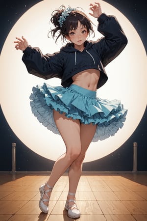 score_9, score_8_up, score_7_up, Hana Isuzu, ballerina, wearing a (ruffly tutu:1.2) and a croptop hooded sweatshirt, thick thighs, dancing on a dimly lit stage, negative black space