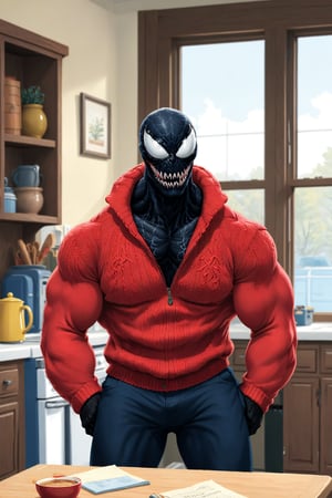 venom, full body view, wearing a red knit sweater like , mister Rogers, beautiful day in the neighborhood