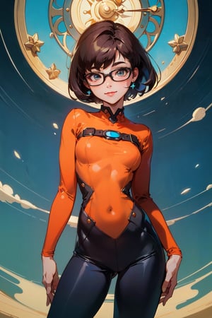 (masterpiece, best quality:1.4), [[smirk]], (beautiful, perfect, detailed, surreal, intricate, aesthetic:1.2), 
(Velma Dinkley:1.3) full body portrait, cowboy_shot 