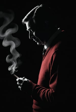high contrast noir lighting, minimalism, black negative space, dark shadows,  (1950's detective ((Mr. Fred Rogers)) silhouette), lit cigarette, smoke, black background, desaturated red sweater, fedora