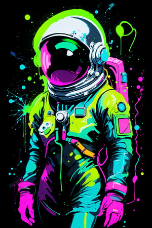 (skitterdash Astronaut:1.2), [[(paint splatter:(black star, psychedelic grid isolated against a black background), isometric, bismuth monument:6]: glowstick light trails, minimalism Yvonne Coomber against a black background:3], skitterdash astronaut, neon green pink blue