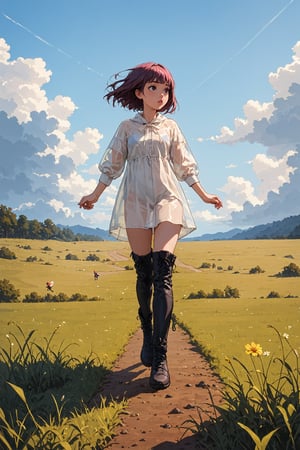 score_9, score_8_up, score_7_up, Maho Nishizumi, wearing a (pink) raincoat and (intricately detailed thigh high black boots with large buckles), mid air still frame, jumping, puddles on a dirt path, the path travels through a grassy field, sunny skies with gray rain clouds overhead, overcast, (translucent rainbow in the distance) close up of raincoat and jumping into a puddle