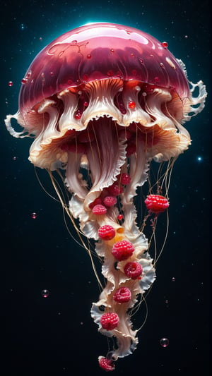 gooey raspberry jelly, (style of Jeremy Geddes:1.2), exploded view technical drawing of a jellyfish, floating in outerspace, blank cosmic background