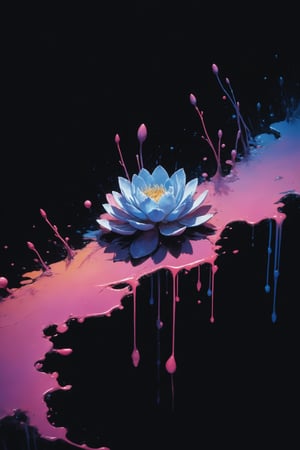 Minimalism illustration, Best quality, swamp, iridescent extraterrestrial realistic flowers, reflections, bioluminescent subsurface scattering, geometric Abstraction, (floral ink blots style of Liam Wong:1.2)