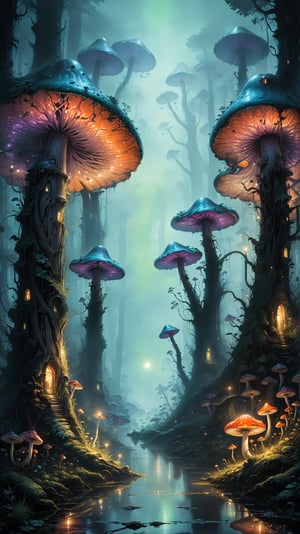 tyler edlin hyperdetailed masterpiece, night time, (eery fog effects), create a ((two column (blending) split image)) using leading lines with an, (overflowing borders optical illusion), show the passages of time from night to day, a giant mushroom swamp lit by the (iridescent) glow of bioluminescent mushrooms, hyperdetailed specular reflections, (fading light)